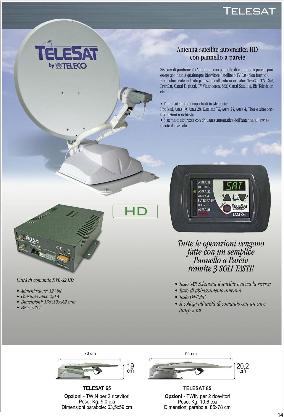 Tutti i satelliti più importanti in Memoria: Hot Bird, Astra 19, Astra 28, Eutelsat 5W, Astra 23, Astra 4, Thor e altre configurazioni a richiesta.