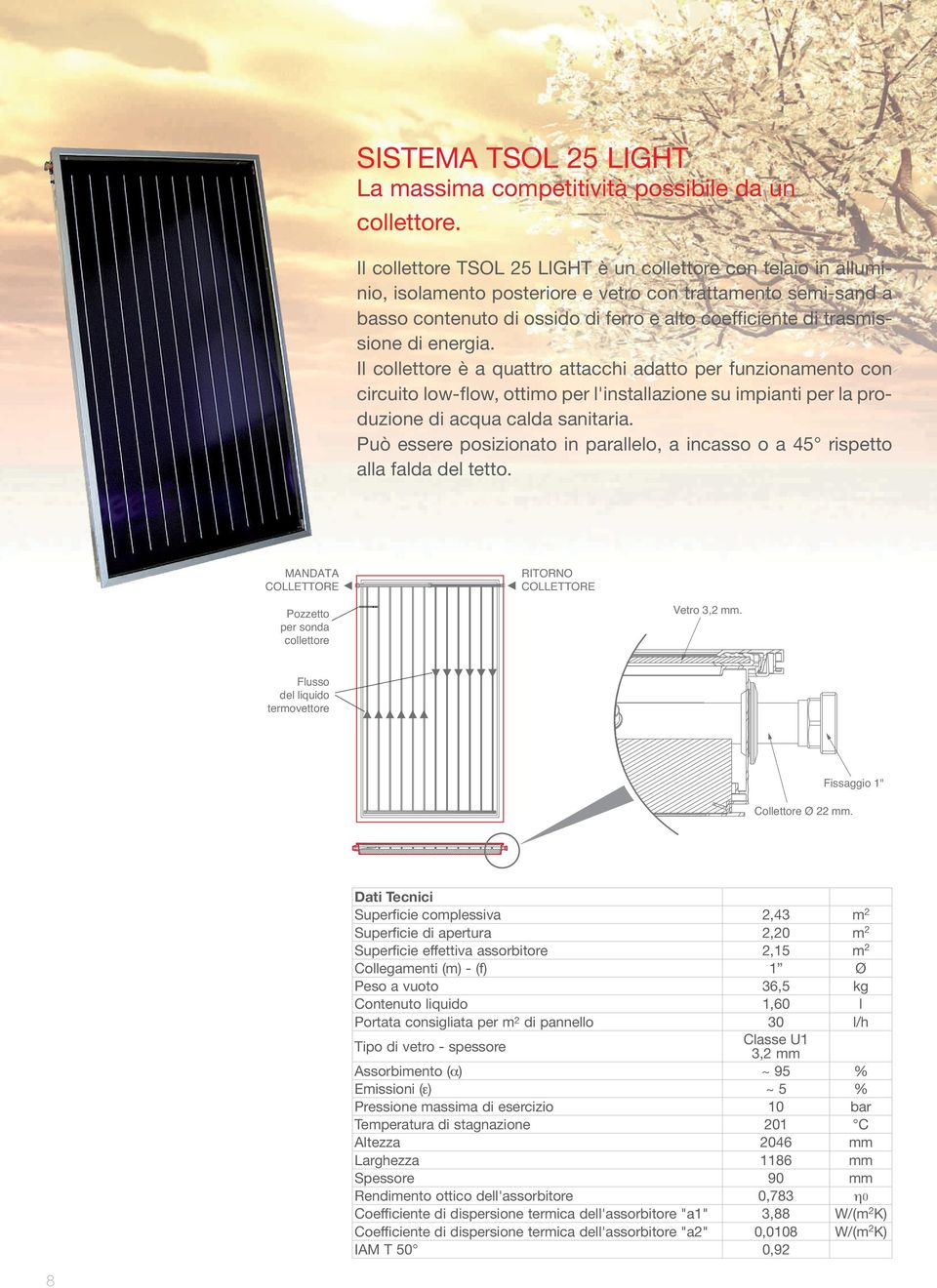 di energia. Il collettore è a quattro attacchi adatto per funzionamento con circuito low-flow, ottimo per l'installazione su impianti per la produzione di acqua calda sanitaria.