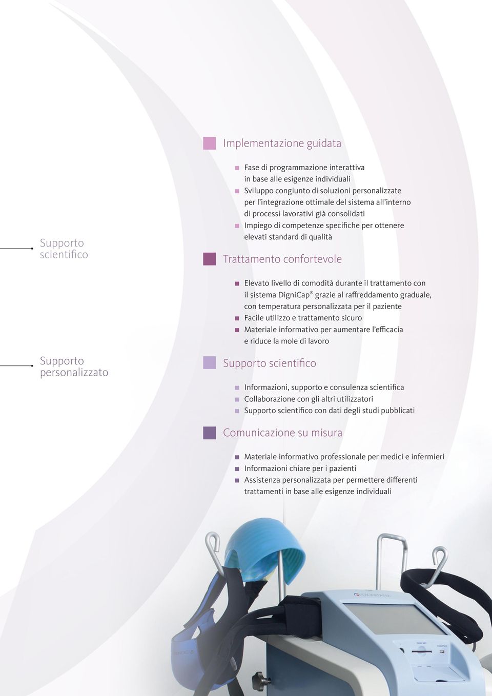 il trattamento con il sistema DigniCap grazie al raffreddamento graduale, con temperatura personalizzata per il paziente n Facile utilizzo e trattamento sicuro n Materiale informativo per aumentare l