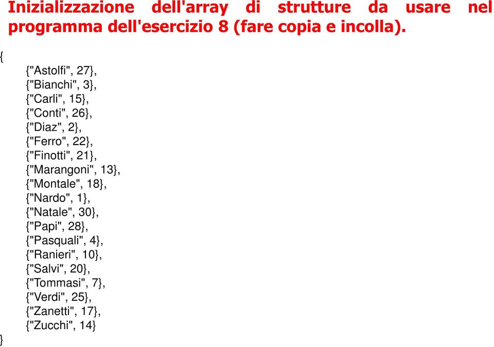 "Astolfi", 27, "Bianchi", 3, "Carli", 15, "Conti", 26, "Diaz", 2, "Ferro", 22, "Finotti",