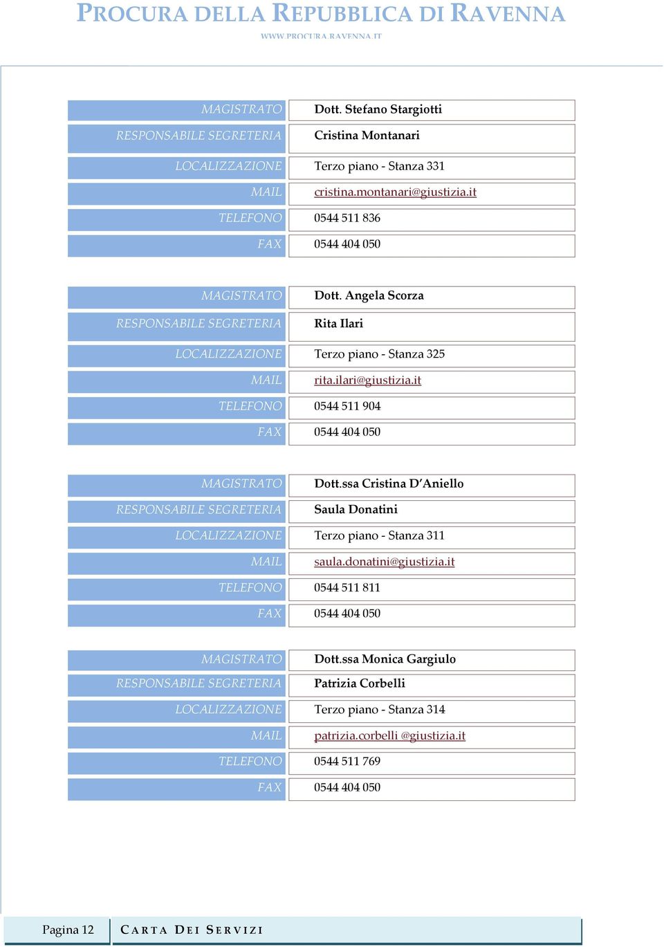 it TELEFONO 0544 511 904 FAX 0544 404 050 MAGISTRATO RESPONSABILE SEGRETERIA Dott.ssa Cristina D Aniello Saula Donatini LOCALIZZAZIONE Terzo piano - Stanza 311 MAIL saula.donatini@giustizia.