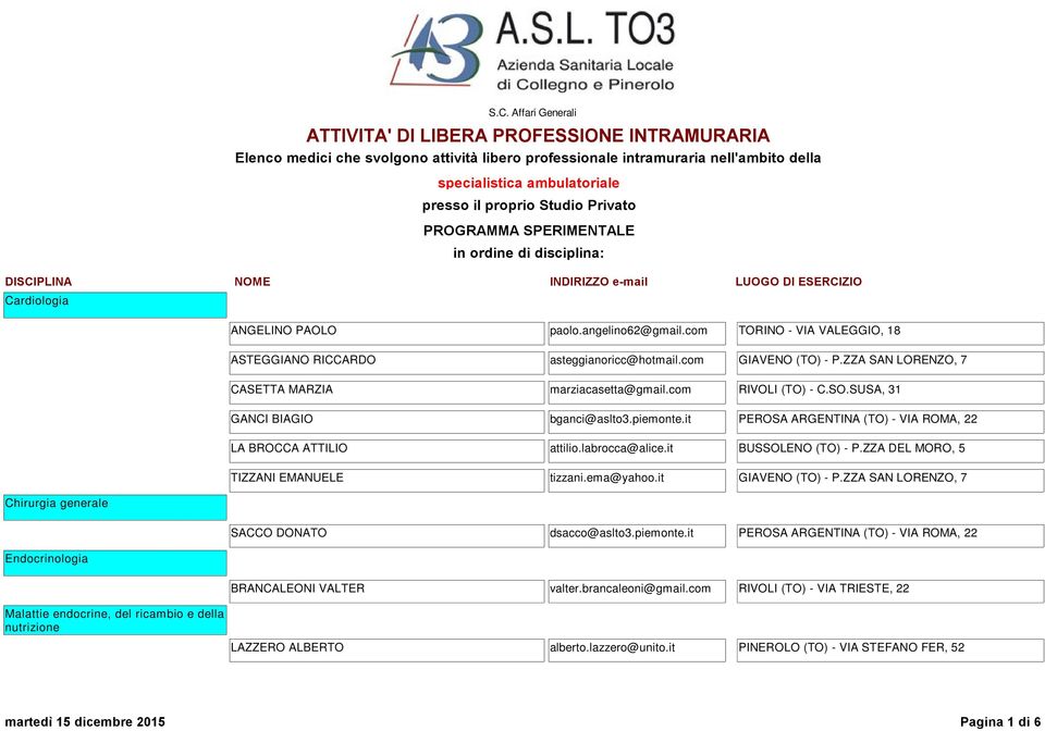 labrocca@alice.it BUSSOLENO (TO) - P.ZZA DEL MORO, 5 TIZZANI EMANUELE tizzani.ema@yahoo.it GIAVENO (TO) - P.ZZA SAN LORENZO, 7 Chirurgia generale SACCO DONATO dsacco@aslto3.piemonte.