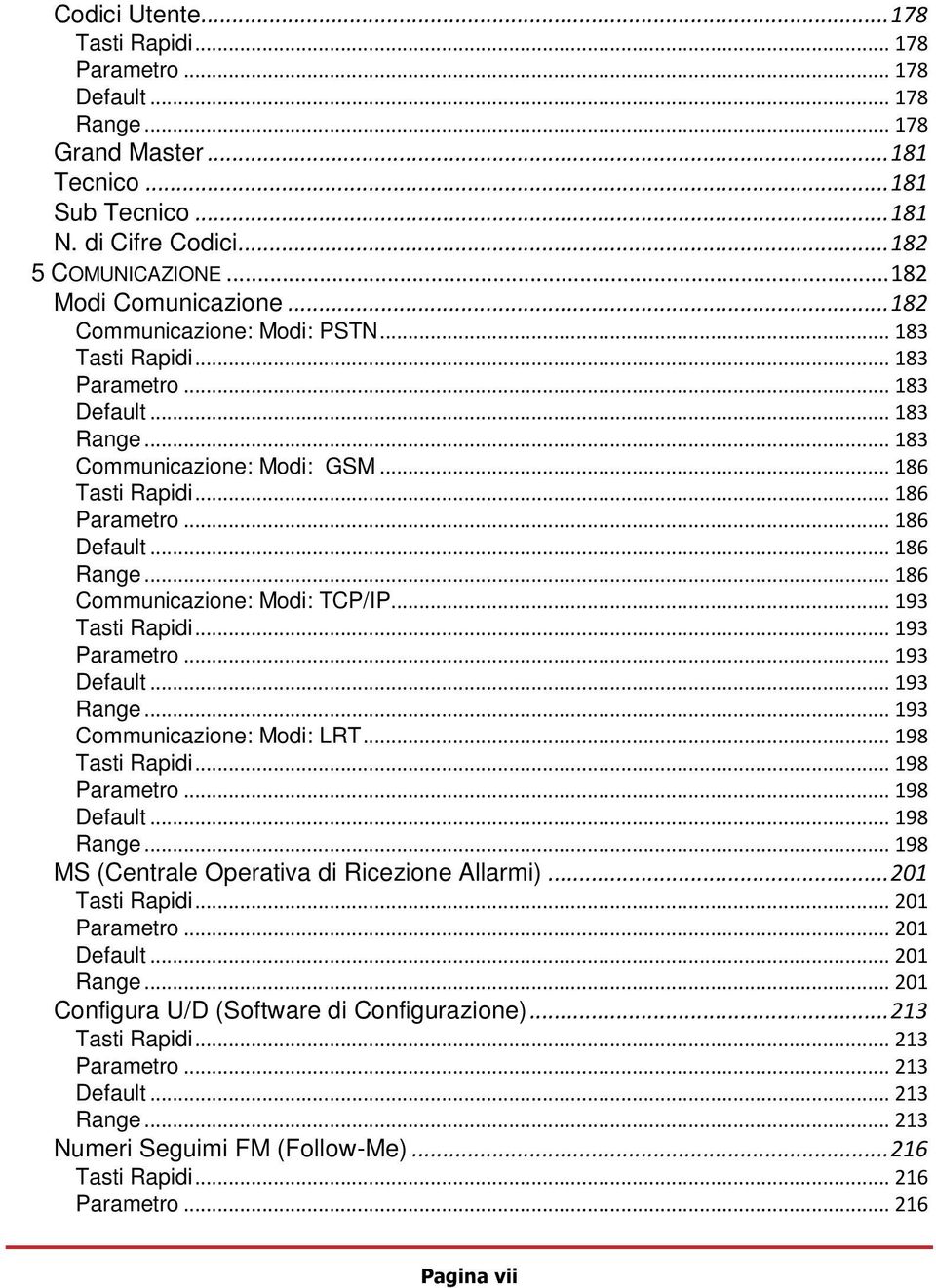 .. 186 Default... 186 Range... 186 Communicazione: Modi: TCP/IP... 193 Tasti Rapidi... 193 Parametro... 193 Default... 193 Range... 193 Communicazione: Modi: LRT... 198 Tasti Rapidi... 198 Parametro.