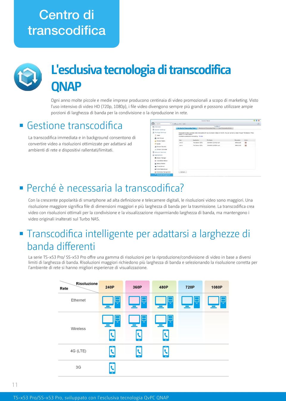 Gestione transcodifica La transcodifica immediata e in background consentono di convertire video a risoluzioni ottimizzate per adattarsi ad ambienti di rete e dispositivi rallentati/limitati.