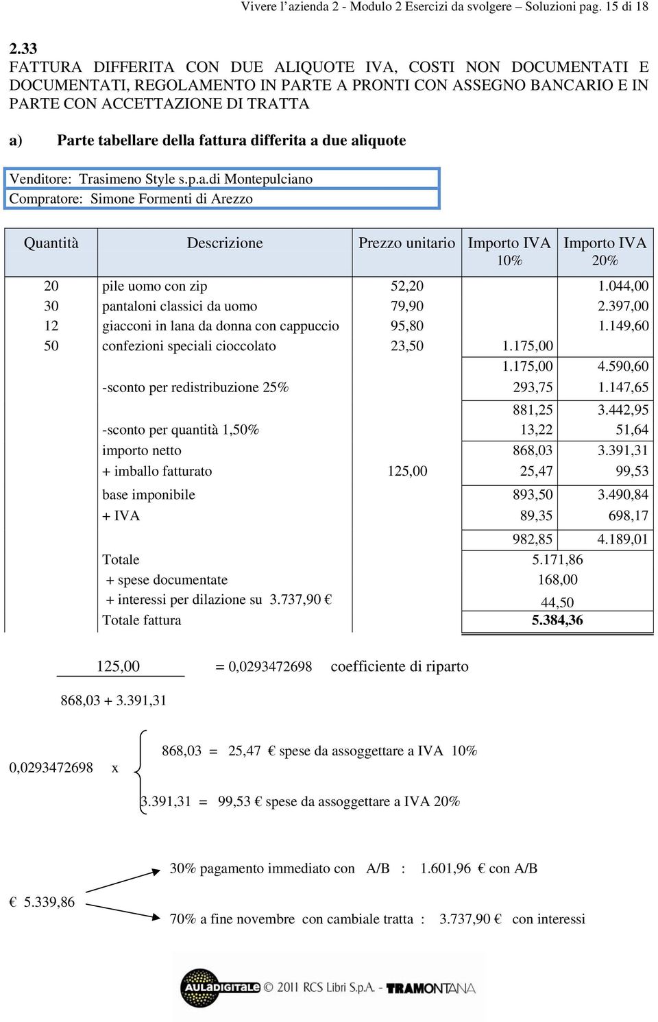 fattura differita a due aliquote Venditore: Trasimeno Style s.p.a.di Montepulciano Compratore: Simone Formenti di Arezzo Quantità Descrizione Prezzo unitario Importo IVA Importo IVA 10% 20% 20 pile uomo con zip 52,20 1.