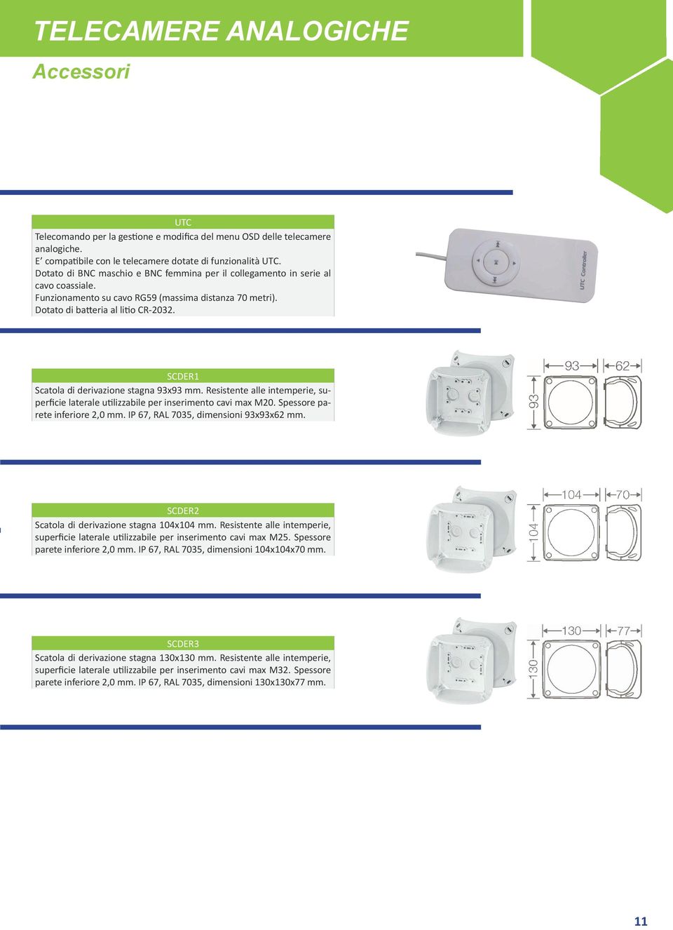 SCDER1 Scatola di derivazione stagna 93x93 mm. Resistente alle intemperie, superficie laterale utilizzabile per inserimento cavi max M20. Spessore parete inferiore 2,0 mm.