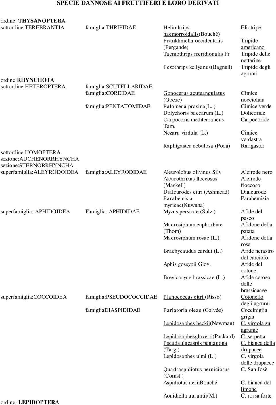 kellyanus(bagnall) Eliotripe Tripide americano Tripide delle nettarine Tripide degli agrumi famiglia:scutellaridae famiglia:coreidae Gonocerus acuteangulatus (Goeze) Cimice nocciolaia