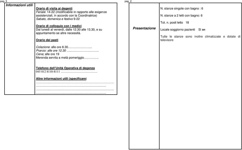 stanze singole con bagno : 6 N. stanze a 2 letti con bagno: 6 Tot. n.