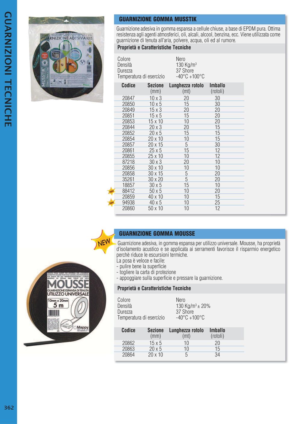 Proprietà e Caratteristiche Tecniche Colore Nero Densità 130 Kg/m 3 Durezza 37 Shore Temperatura di esercizio -40 C +100 C Codice Sezione Lunghezza rotolo Imballo (rotoli) 20847 10 x 3 20 30 20850 10