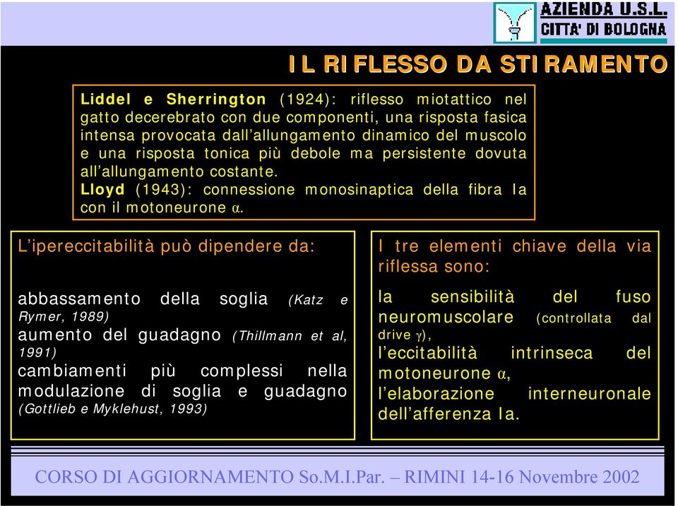 L ipereccitabilità può dipendere da: abbassamento della soglia (Katz e Rymer, 1989) aumento del guadagno (Thillmann et al, 1991) cambiamenti più complessi nella modulazione di soglia e guadagno