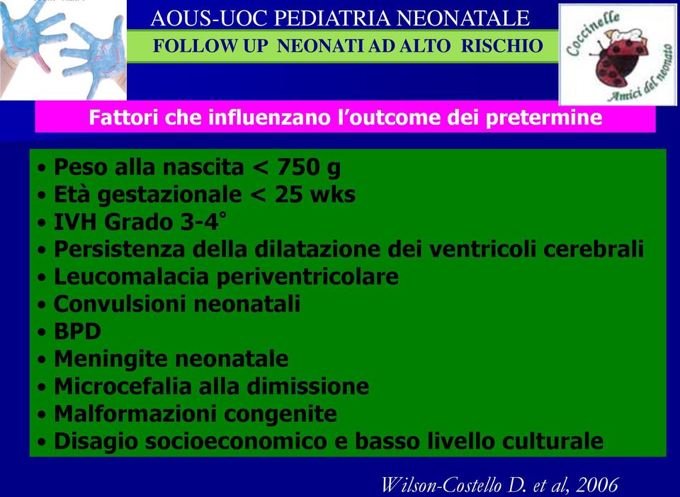 Leucomalacia periventricolare Convulsioni neonatali BPD Meningite neonatale Microcefalia alla