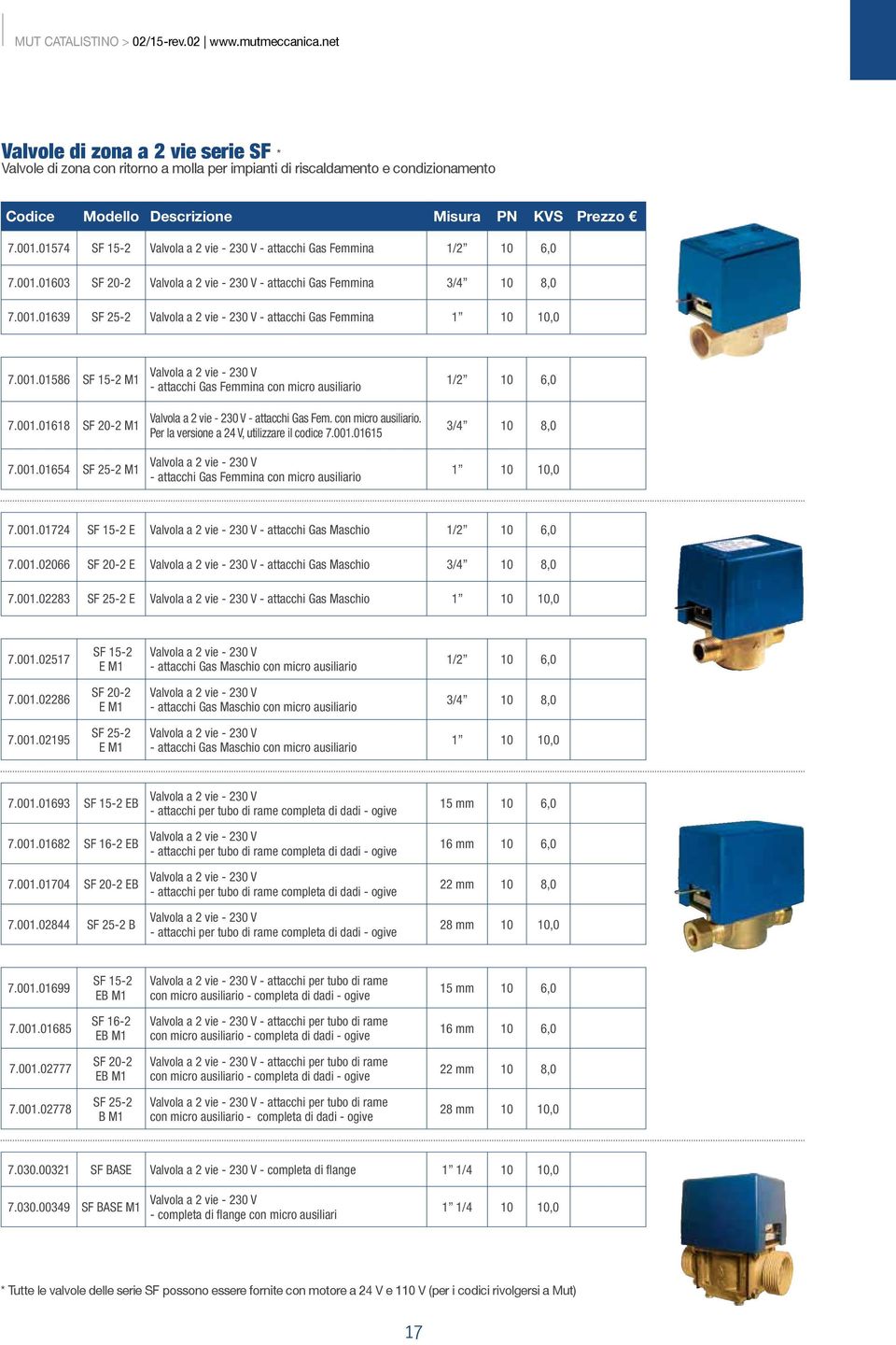 001.01586 SF 15-2 M1 7.001.01618 SF 20-2 M1 7.001.01654 SF 25-2 M1 Valvola a 2 vie - 230 V - attacchi Gas Femmina con micro ausiliario Valvola a 2 vie - 230 V - attacchi Gas Fem. con micro ausiliario. Per la versione a 24 V, utilizzare il codice 7.