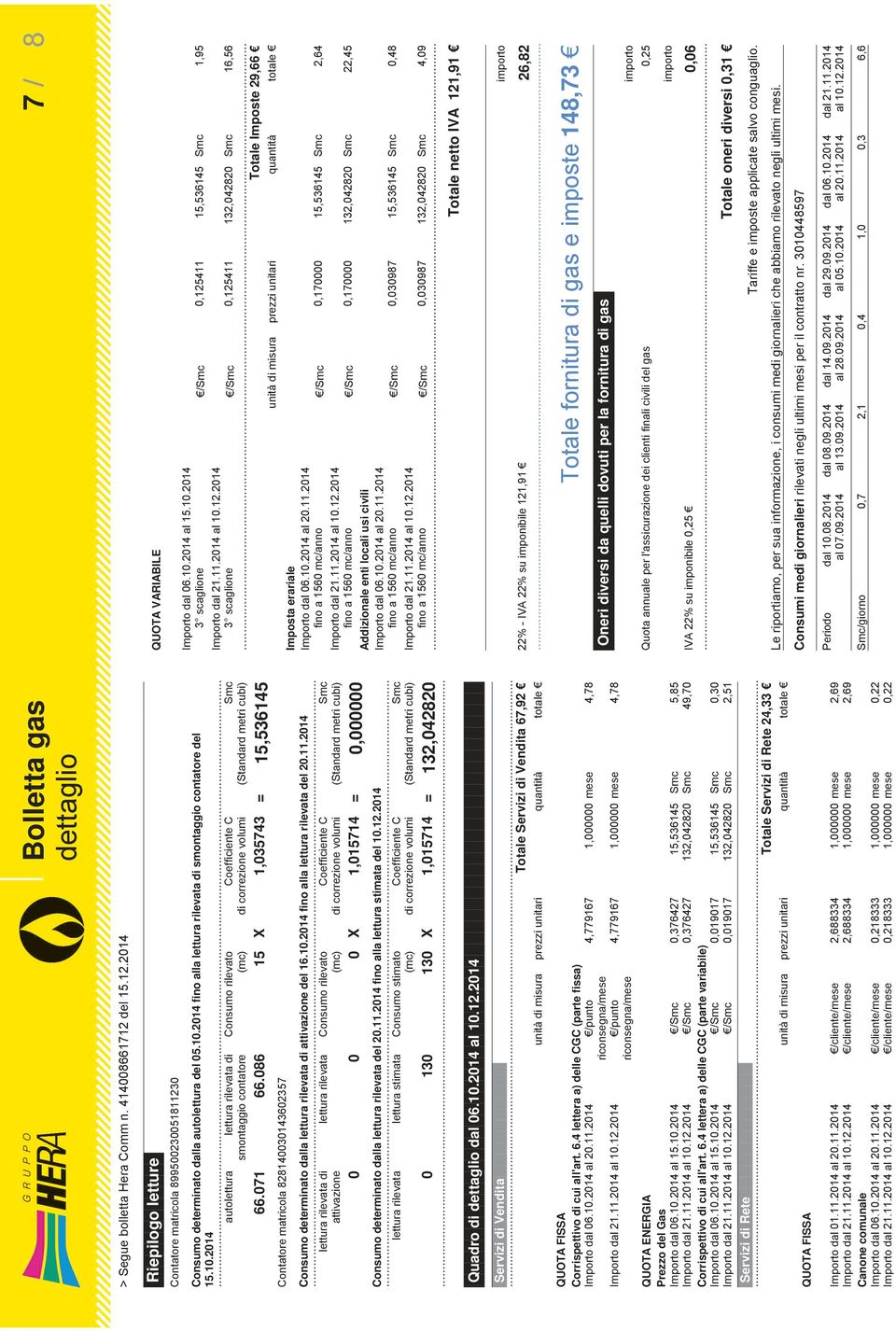 2014 autolettura lettura rilevata di smontaggio contatore Consumo rilevato (mc) Coefficiente C di correzione volumi Smc (Standard metri cubi) 66.071 66.