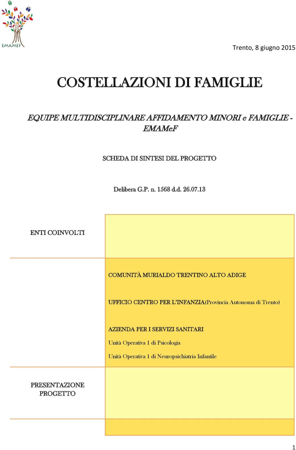 13 ENTI COINVOLTI COMUNITÀ MURIALDO TRENTINO ALTO ADIGE UFFICIO CENTRO PER L INFANZIA(Provincia Autonoma