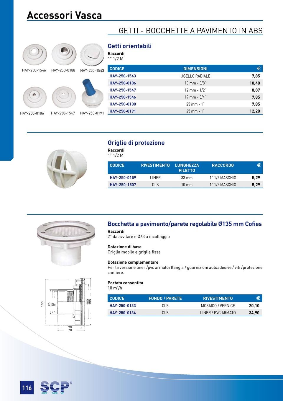 LUNGHEZZA RACCORDO FILETTO HAY-250-0159 LINER 33 mm 1 1/2 maschio 5,29 HAY-250-1507 CLS 10 mm 1 1/2 maschio 5,29 Bocchetta a pavimento/parete regolabile Ø135 mm Cofies 2 da avvitare e Ø63 a