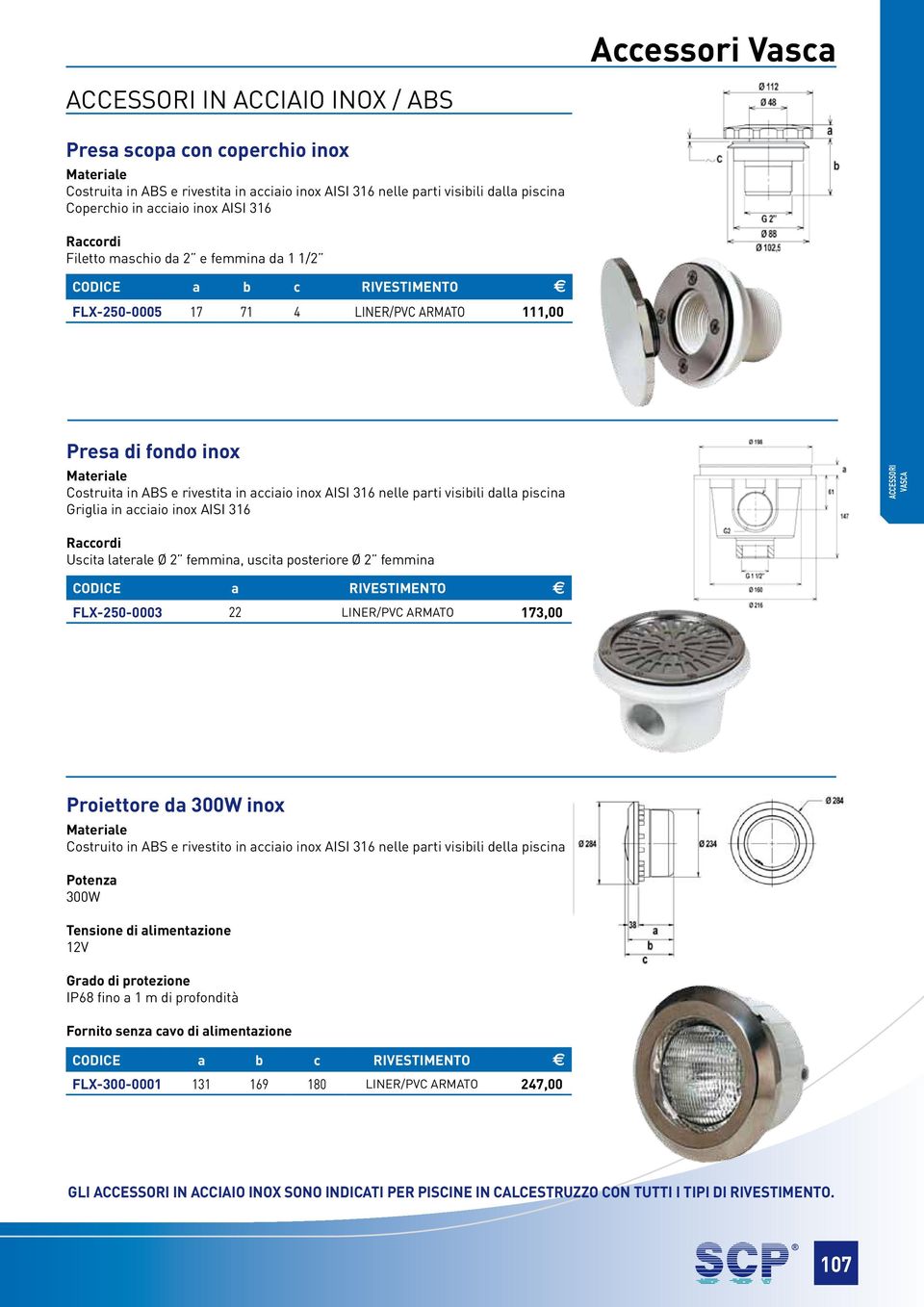 visibili dalla piscina Griglia in acciaio inox aisi 316 Uscita laterale Ø 2 femmina, uscita posteriore Ø 2 femmina CODICE a RIVESTIMENTO FLX-250-0003 22 LINER/PVC ARMATO 173,00 Proiettore da 300W