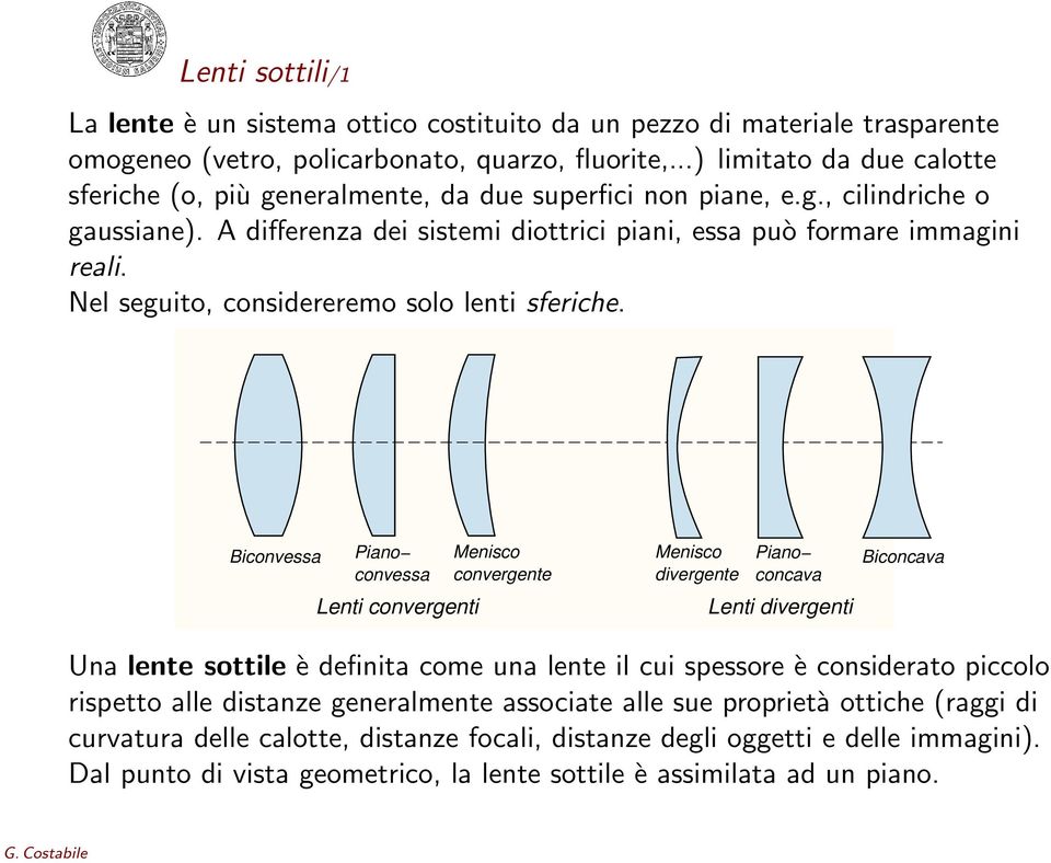 Nel seguito, considereremo solo lenti sferiche.