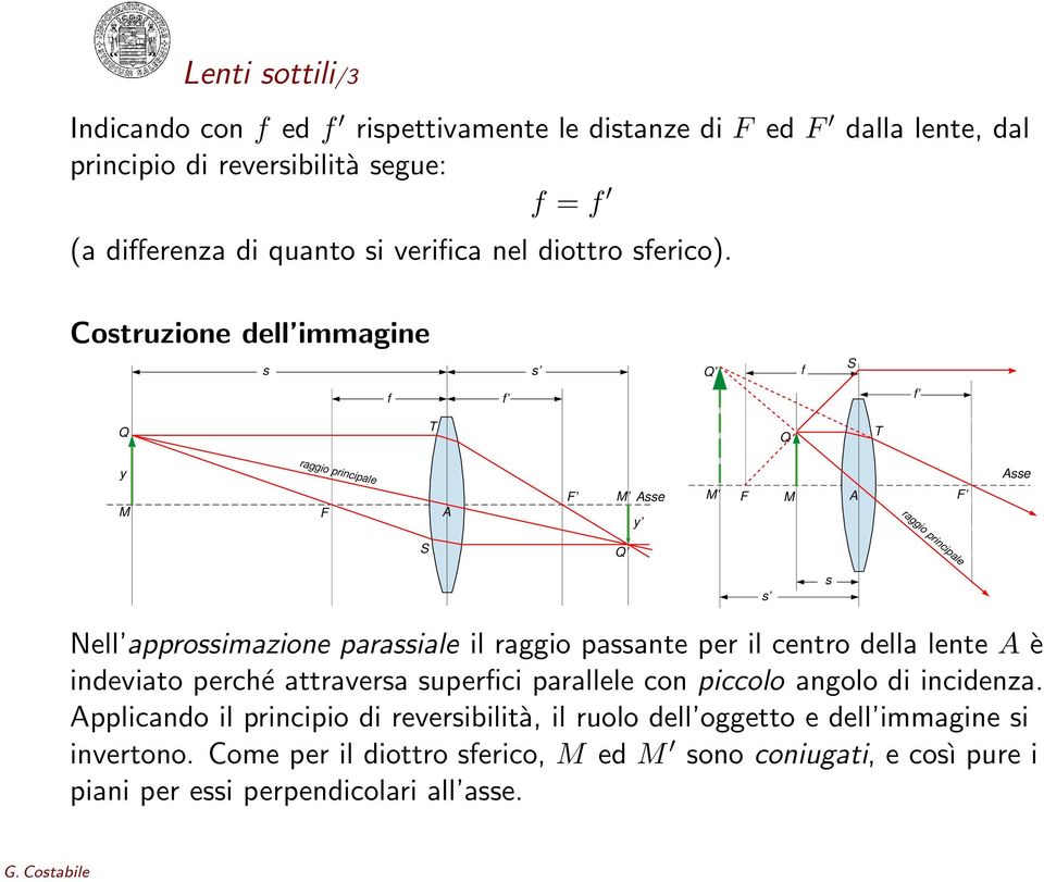 Costruzione dell immagine s s Q f S f f f Q T Q T y M raggio principale F A F M Asse y M F M A raggio principale F Asse S Q s s Nell approssimazione parassiale il raggio