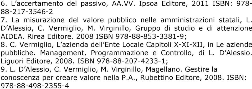 Management, Programmazione e Controllo, di L. D Alessio. Liguori Editore, 2008. ISBN 978-88-207-4233-1; 9. L. D Alessio, C. Vermiglio, M.