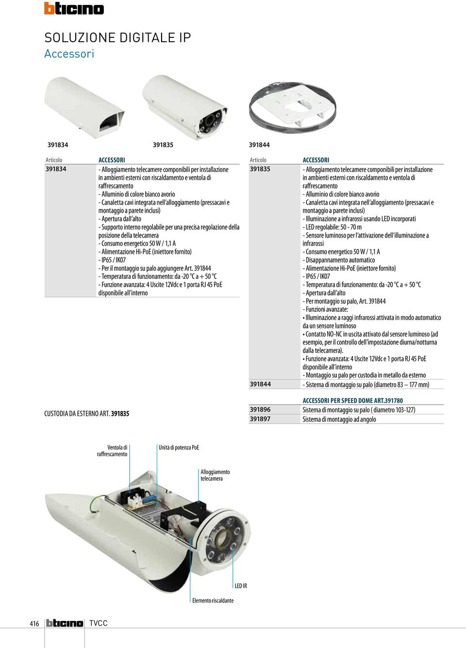 regolazione della posizione della telecamera - Consumo energetico 50 W / 1,1 A - Alimentazione Hi-PoE (iniettore fornito) - IP65 / IK07 - Per il montaggio su palo aggiungere Art.
