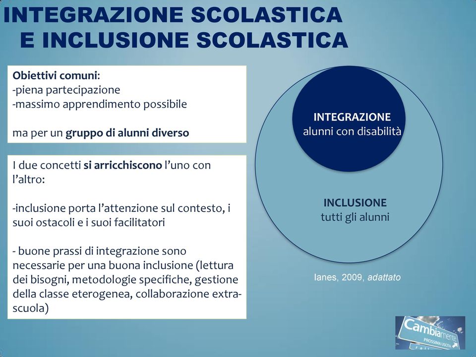 I due concetti si arricchiscono l uno con l altro: INTEGRAZIONE alunni con disabilità -inclusione porta l attenzione sul contesto, i suoi