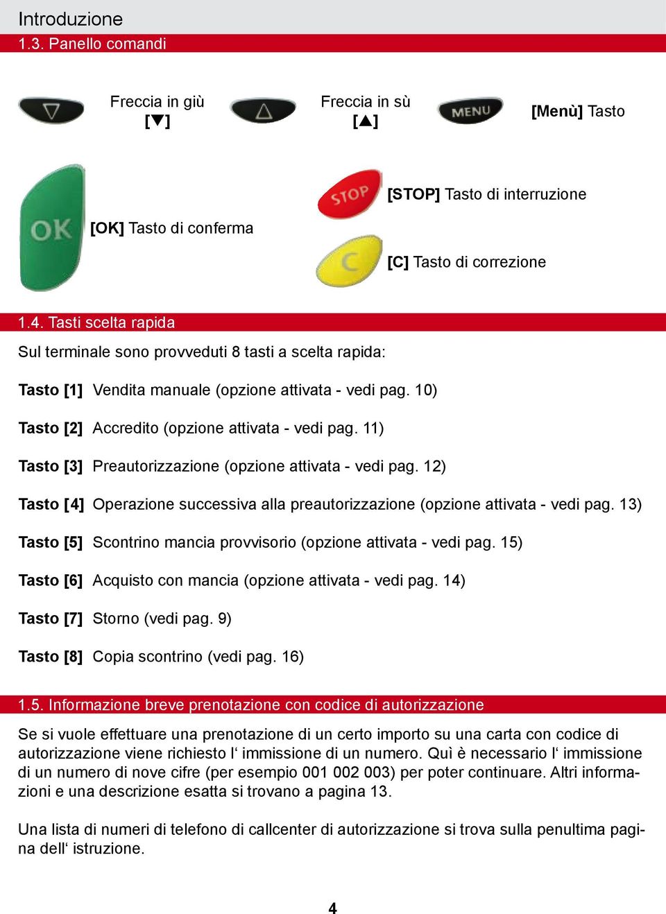 11) Tasto [3] Preautorizzazione (opzione attivata - vedi pag. 12) Tasto [4] Operazione successiva alla preautorizzazione (opzione attivata - vedi pag.