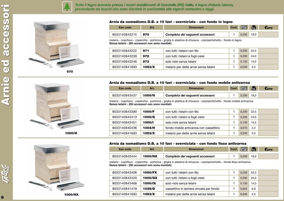 a 10 favi - sverniciata - con fondo in legno 8033140843215 970 Completa dei seguenti accessori: 1 0,200 18,0 melario - coprifavo - coperchio - porticina - griglia in plastica di chiusura -