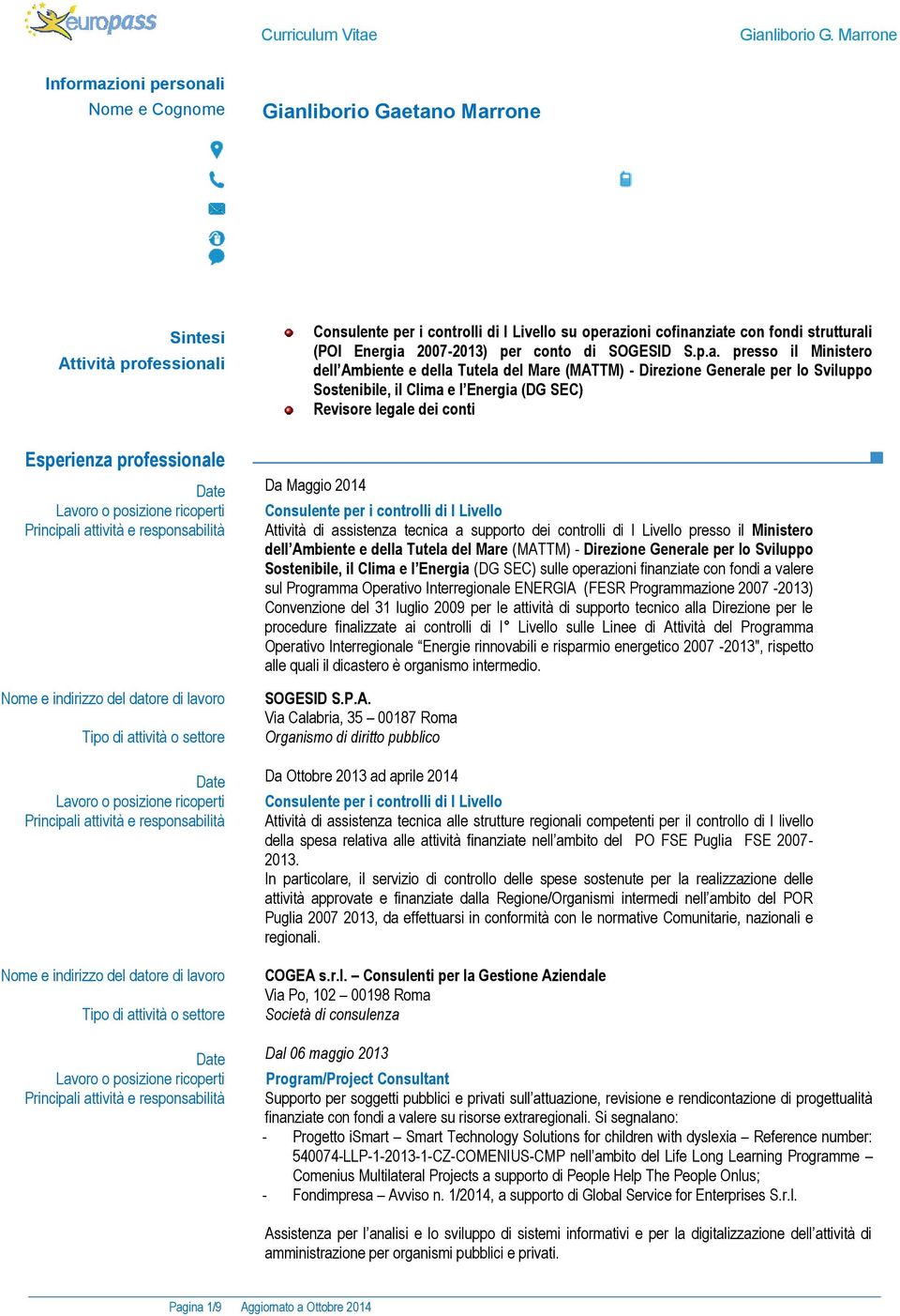 presso il Ministero dell Ambiente e della Tutela del Mare (MATTM) - Direzione Generale per lo Sviluppo Sostenibile, il Clima e l Energia (DG SEC) Revisore legale dei conti Esperienza professionale