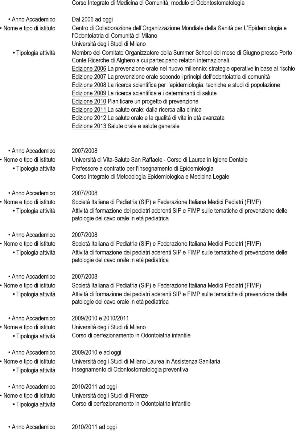 cui partecipano relatori internazionali Edizione 2006 La prevenzione orale nel nuovo millennio: strategie operative in base al rischio Edizione 2007 La prevenzione orale secondo i principi dell