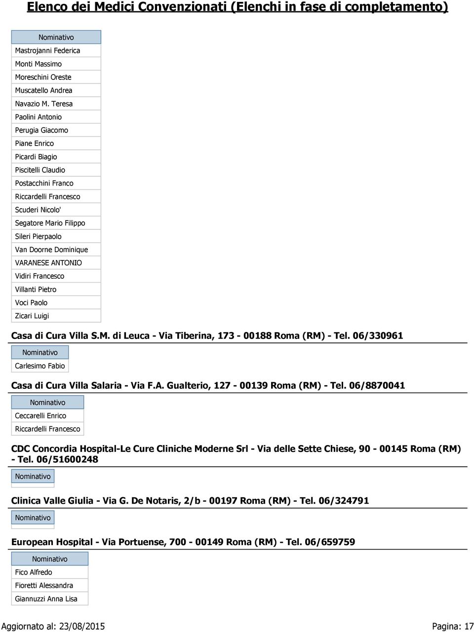 Dominique VARANESE ANTONIO Vidiri Francesco Villanti Pietro Voci Paolo Zicari Luigi Casa di Cura Villa S.M. di Leuca - Via Tiberina, 173-00188 Roma (RM) - Tel.