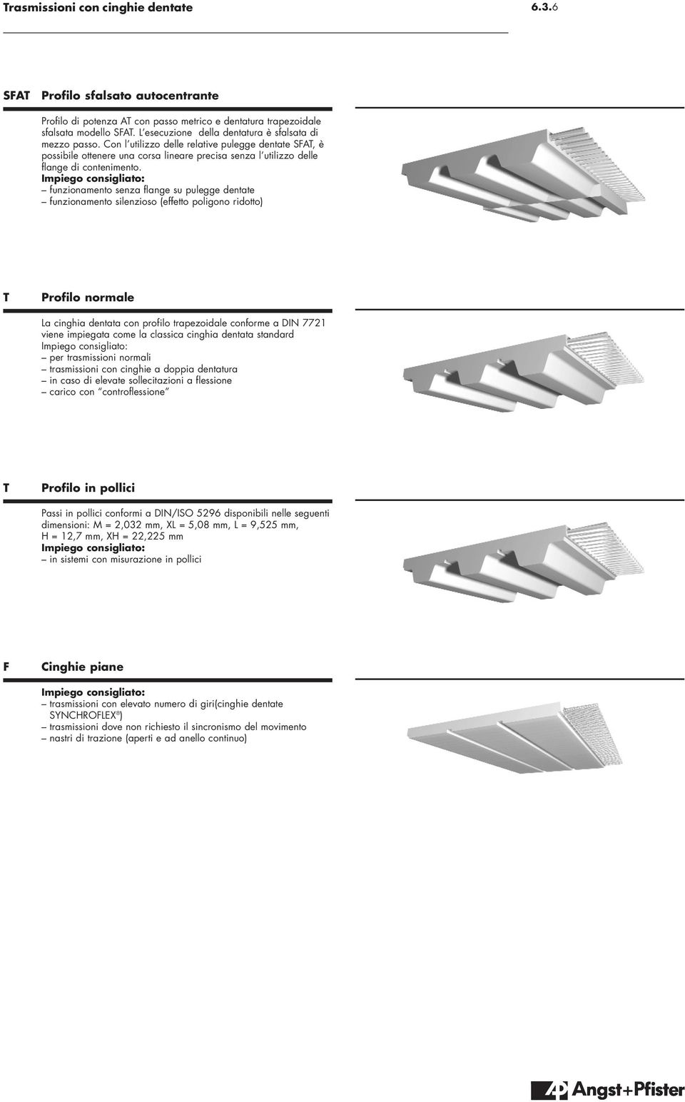 Impiego consigliato: funzionamento senza flange su pulegge dentate funzionamento silenzioso (effetto poligono ridotto) T Profilo normale La cinghia dentata con profilo trapezoidale conforme a DIN 77