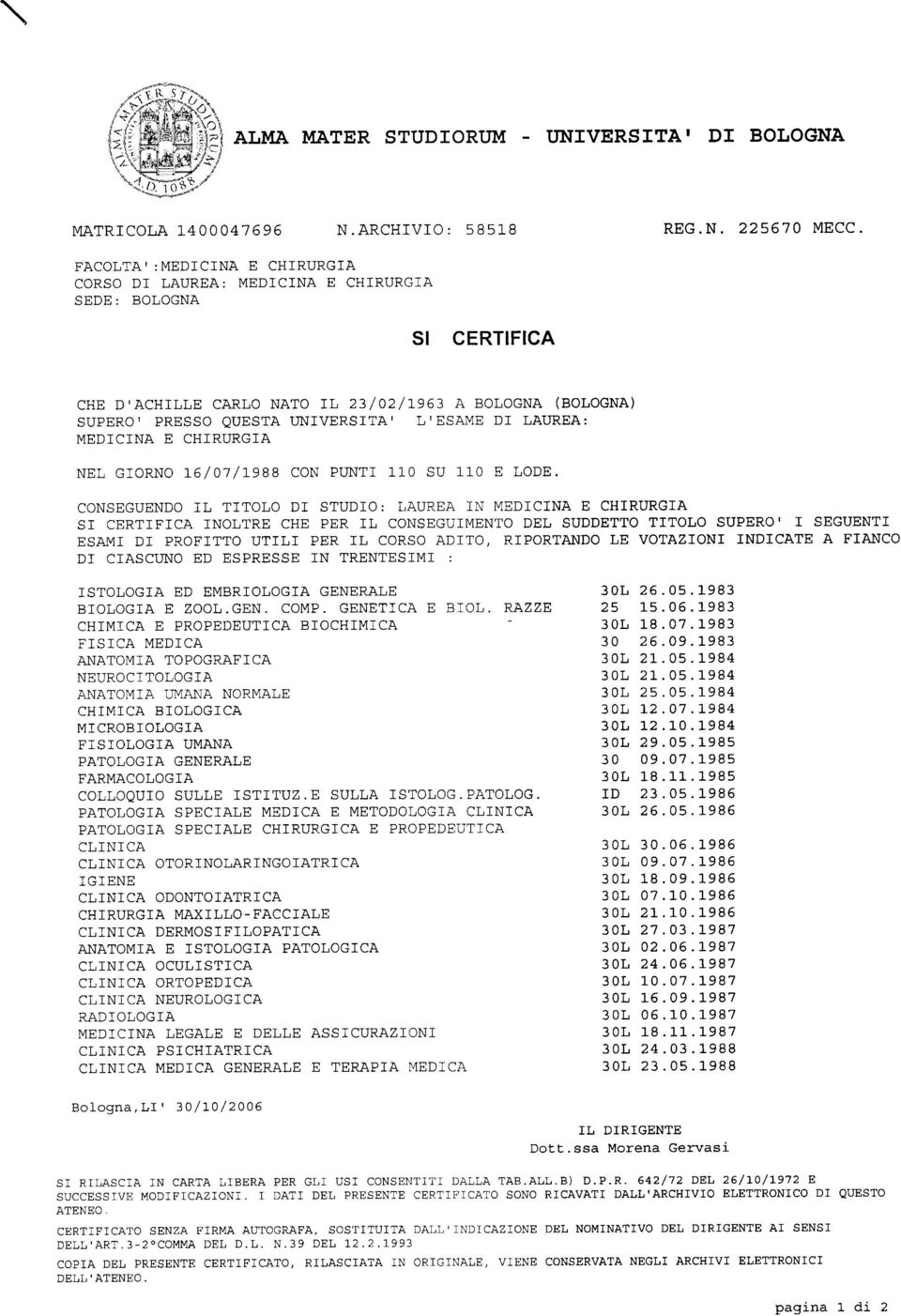 MEDICINA E CHIRURGTA NEL GIORNO 16/07/1988 CON PIINTI 110 SU 110 E LODE.