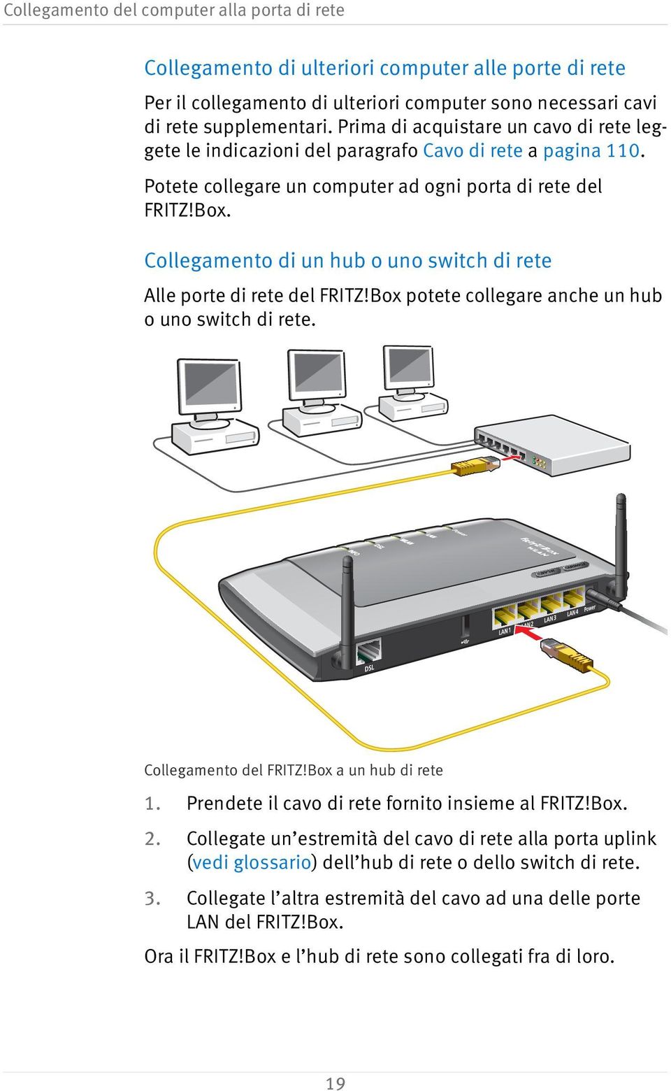 Collegamento di un hub o uno switch di rete Alle porte di rete del FRITZ!Box potete collegare anche un hub o uno switch di rete. Collegamento del FRITZ!Box a un hub di rete 1.