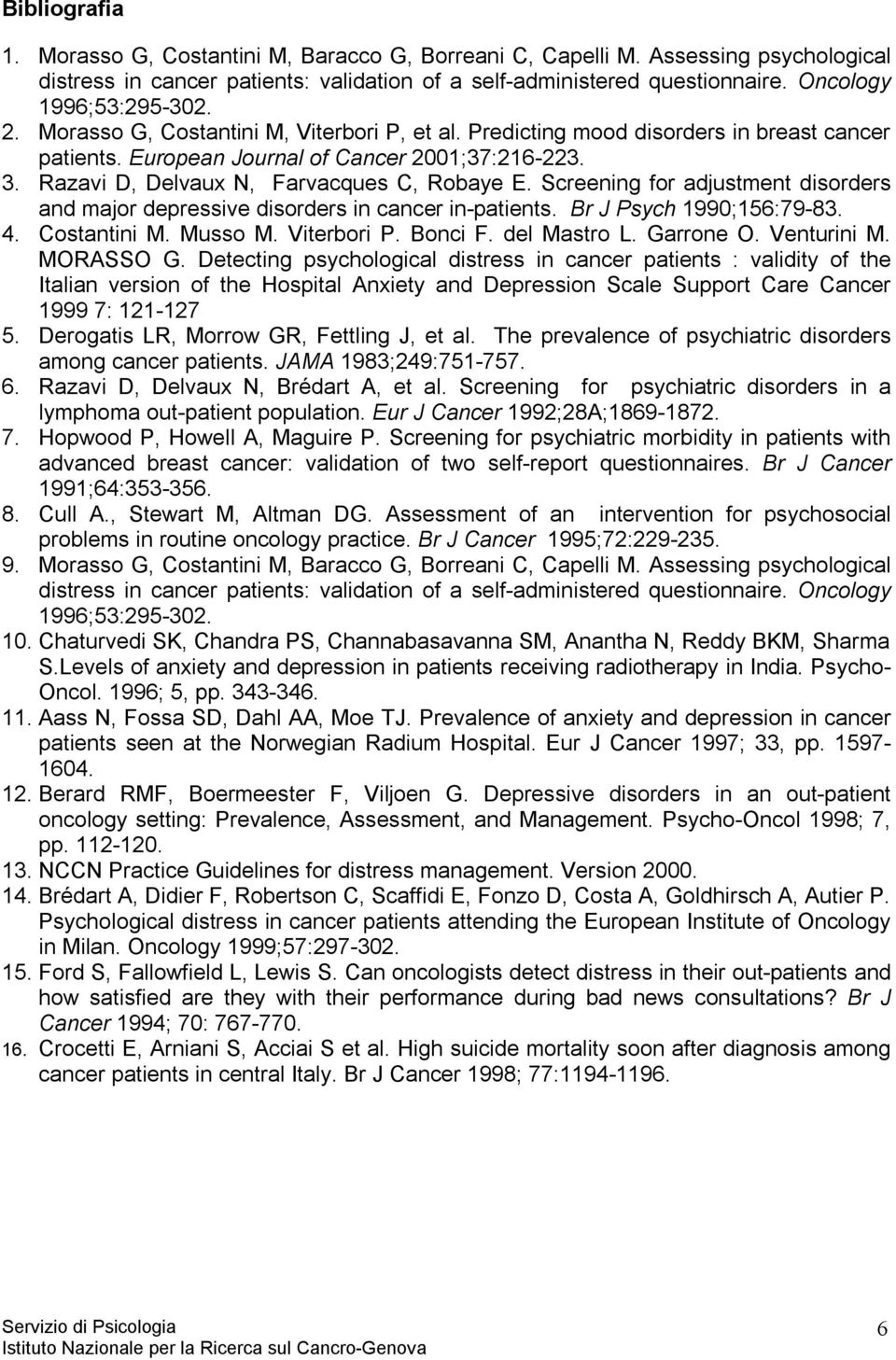 Razavi D, Delvaux N, Farvacques C, Robaye E. Screening for adjustment disorders and major depressive disorders in cancer in-patients. Br J Psych 1990;156:79-83. 4. Costantini M. Musso M. Viterbori P.