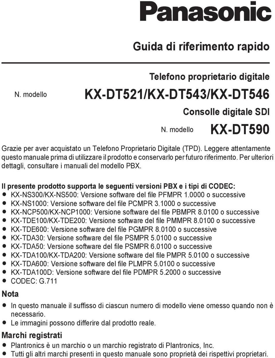 Per ulteriori dettagli, consultare i manuali del modello PBX. Il presente prodotto supporta le seguenti versioni PBX e i tipi di CODEC: R KX-NS300/KX-NS500: Versione software del file PFMPR 1.