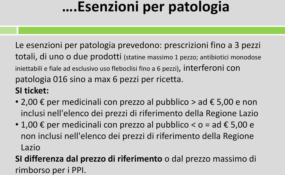 SI ticket: 2,00 per medicinali con prezzo al pubblico > ad 5,00 e non inclusi nell'elenco dei prezzi di riferimento della Regione Lazio 1,00 per medicinali con