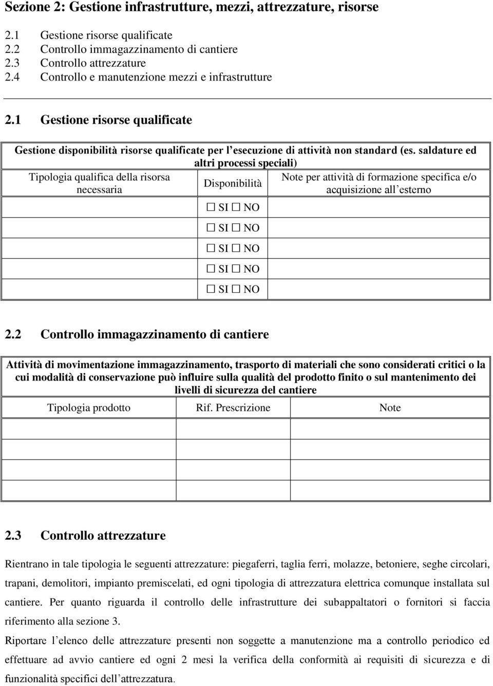 saldature ed altri processi speciali) Tipologia qualifica della risorsa Note per attività di formazione specifica e/o Disponibilità necessaria acquisizione all esterno SI NO SI NO SI NO SI NO SI NO.