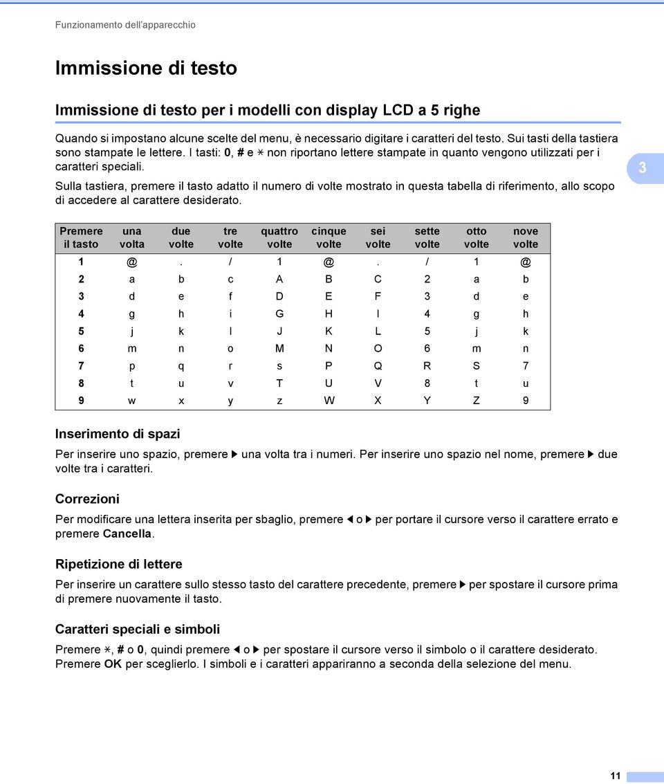 Sulla tastiera, premere il tasto adatto il numero di volte mostrato in questa tabella di riferimento, allo scopo di accedere al carattere desiderato.