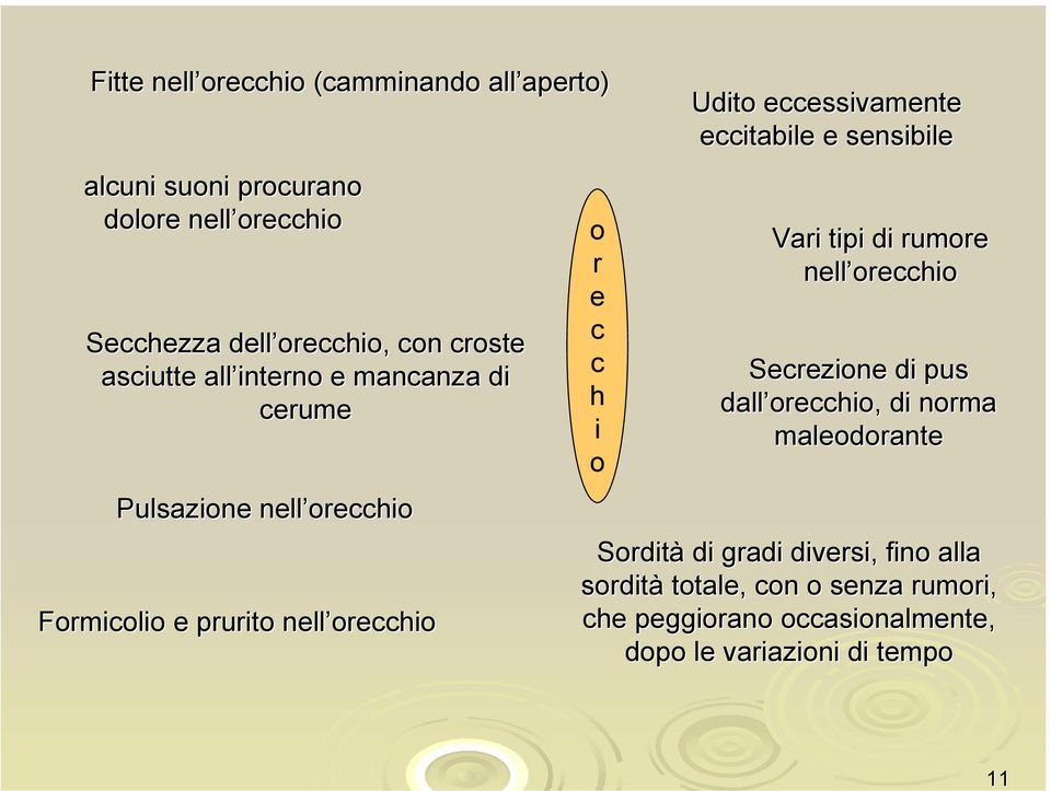 eccessivamente eccitabile e sensibile Vari tipi di rumore nell orecchio Secrezione di pus dall orecchio, di norma maleodorante