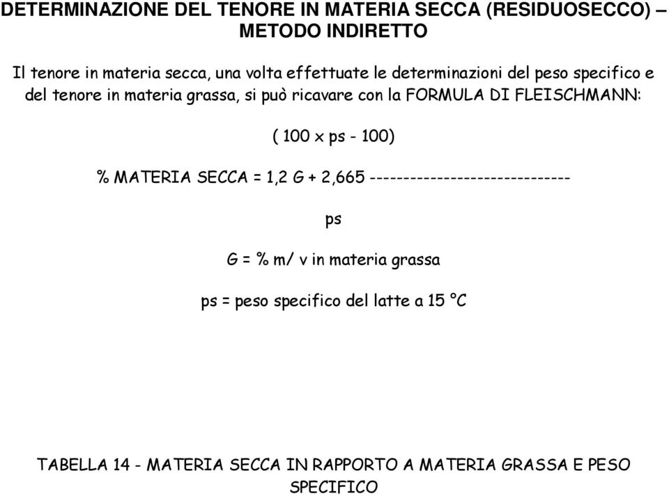 FLEISCHMANN: ( 100 x ps - 100) % MATERIA SECCA = 1,2 G + 2,665 ------------------------------ ps G = % m/ v in