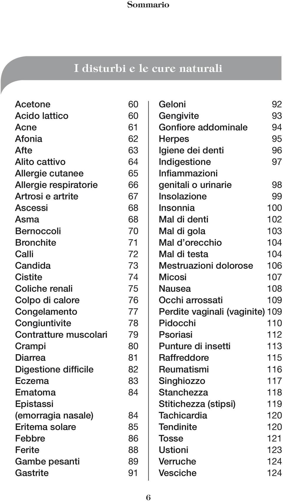 Eczema 83 Ematoma 84 Epistassi (emorragia nasale) 84 Eritema solare 85 Febbre 86 Ferite 88 Gambe pesanti 89 Gastrite 91 Geloni 92 Gengivite 93 Gonfiore addominale 94 Herpes 95 Igiene dei denti 96