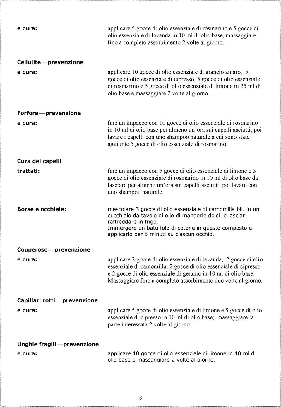 5 gocce di olio essenziale di cipresso, 5 gocce di olio essenziale di rosmarino e 5 gocce di olio essenziale di limone in 25 ml di olio base e massaggiare 2 volte al giorno.