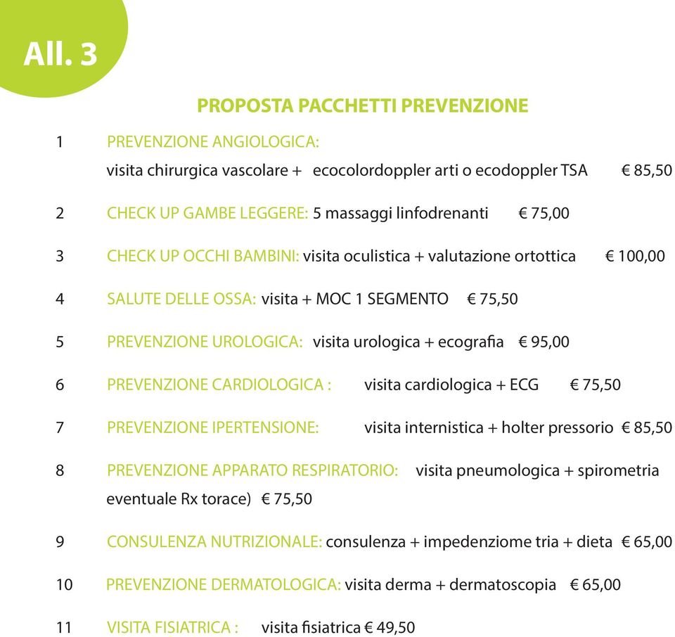 CARDIOLOGICA : visita cardiologica + ECG 75,50 7 PREVENZIONE IPERTENSIONE: visita internistica + holter pressorio 85,50 8 PREVENZIONE APPARATO RESPIRATORIO: visita pneumologica + spirometria