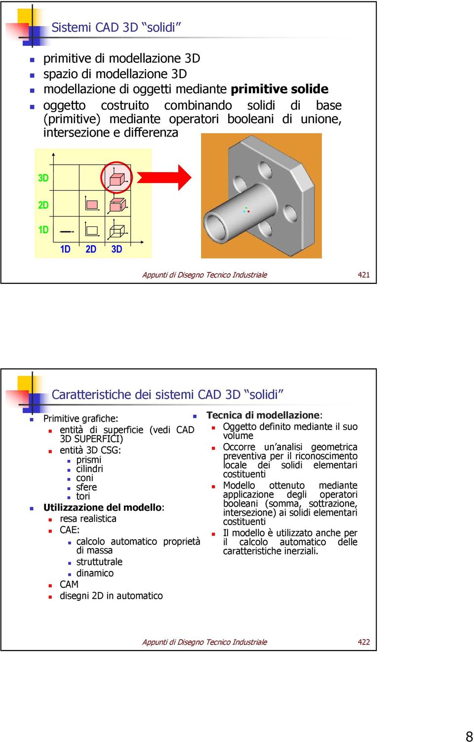 (vedi CAD 3D SUPERFICI) entità 3D CSG: prismi cilindri coni sfere tori Utilizzazione del modello: resa realistica CAE: calcolo automatico proprietà di massa struttutrale dinamico CAM disegni 2D in