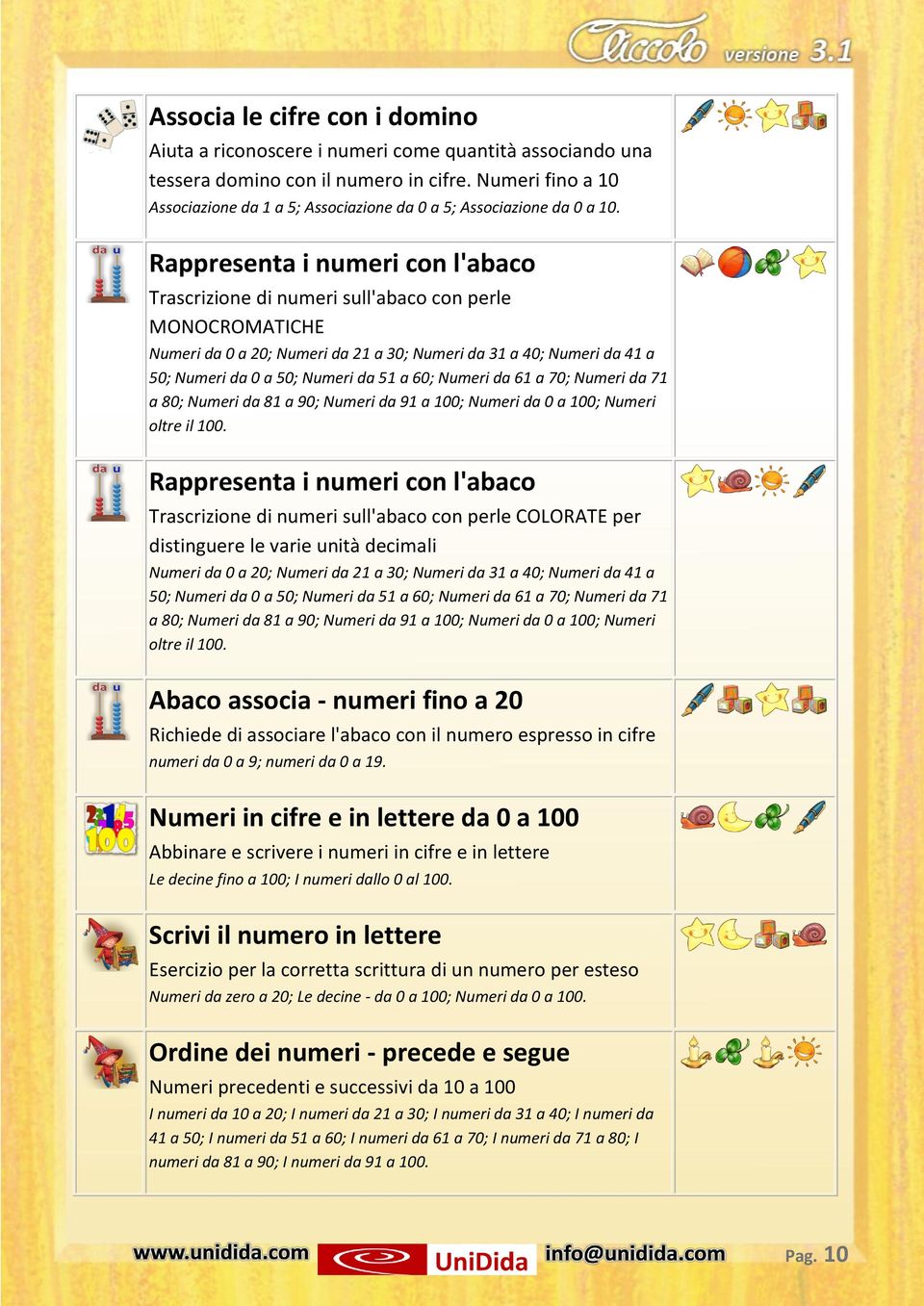 Rappresenta i numeri con l'abaco Trascrizione di numeri sull'abaco con perle MONOCROMATICHE Numeri da 0 a 20; Numeri da 21 a 30; Numeri da 31 a 40; Numeri da 41 a 50; Numeri da 0 a 50; Numeri da 51 a