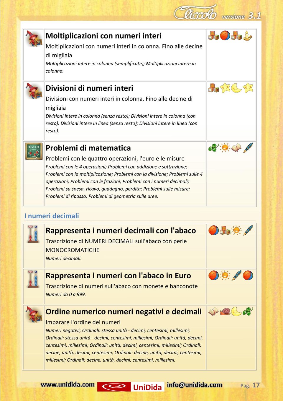 Fino alle decine di migliaia Divisioni intere in colonna (senza resto); Divisioni intere in colonna (con resto); Divisioni intere in linea (senza resto); Divisioni intere in linea (con resto).