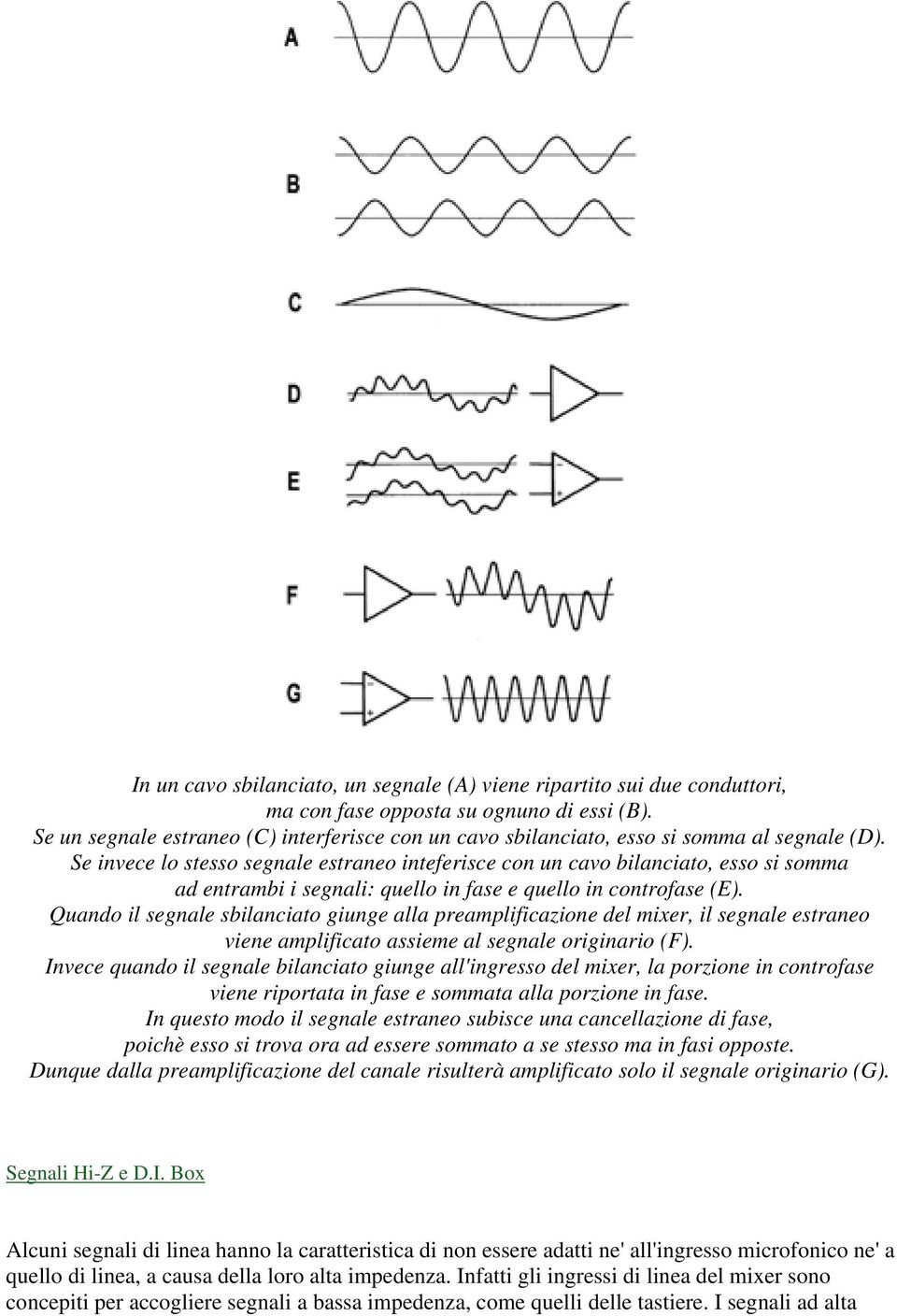 Se invece lo stesso segnale estraneo inteferisce con un cavo bilanciato, esso si somma ad entrambi i segnali: quello in fase e quello in controfase (E).