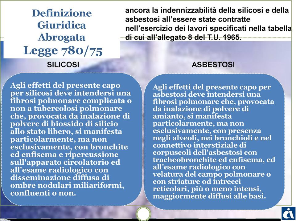 ASBESTOSI Agli effetti del presente capo per silicosi deve intendersi una fibrosi polmonare complicata o non a tubercolosi polmonare che, provocata da inalazione di polvere di biossido di silicio