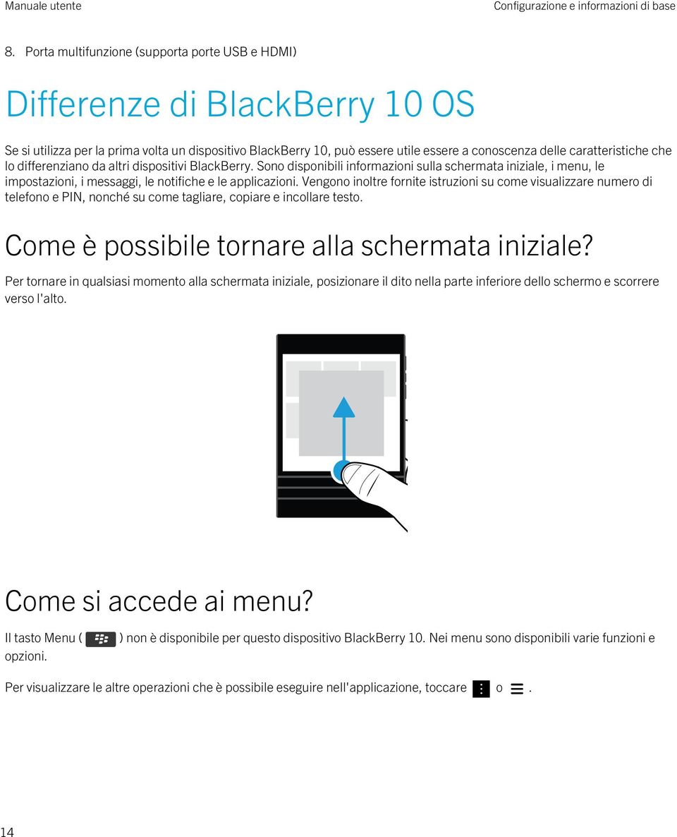 caratteristiche che lo differenziano da altri dispositivi BlackBerry. Sono disponibili informazioni sulla schermata iniziale, i menu, le impostazioni, i messaggi, le notifiche e le applicazioni.