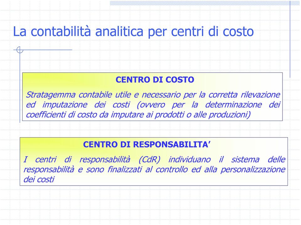 da imputare ai prodotti o alle produzioni) CENTRO DI RESPONSABILITA I centri di responsabilità (CdR)